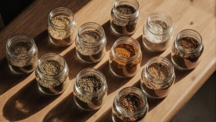 Assortment of Spices in Jars on Wooden Surface.