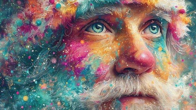 A vibrant, artistic portrait of a joyous Santa Claus.
