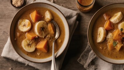 Delicious Banana and Sweet Potato Soup in Rustic Bowls.