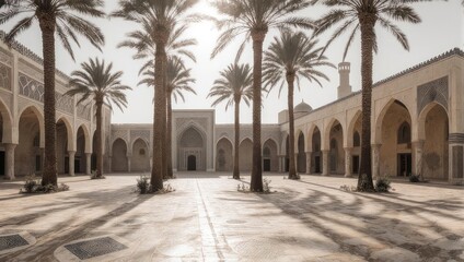 Courtyard of the Great Mosque of Kairouan, Tunisia, with palm trees.