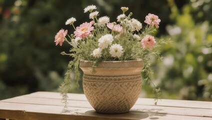 Charming Flower Arrangement in a Textured Pot on Wooden Table.