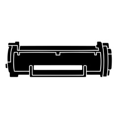 Minimalist black-and-white line art icon of copier toner cartridge on white background. Perfect for office equipment, maintenance, and IT content. 