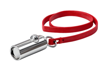 Shiny metallic whistle with bright red lanyard for outdoor activities or safety gear
