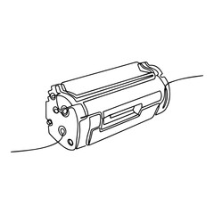 Minimalist black-and-white one-line illustration of copier toner cartridge on white background. Perfect for office equipment, maintenance, and IT content.