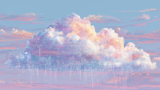 Abstract binary data cloud raining streams of digital code over pastel horizon, futuristic AI technology vector background symbolizing machine learning and cloud innovation.