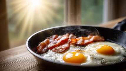 Bacon eggs frying in morning sunlight. Breakfast with fried eggs and bacon close up. Fried sunny side eggs with bacon on plate, healthy keto meal.