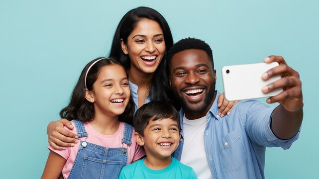Happy Multiracial Family Taking a Selfie Together on Blue Background
