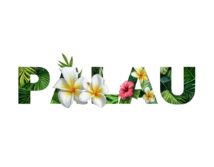 Tropical Country Name “PALAU” in Botanical Floral Letters and Torn Paper Style