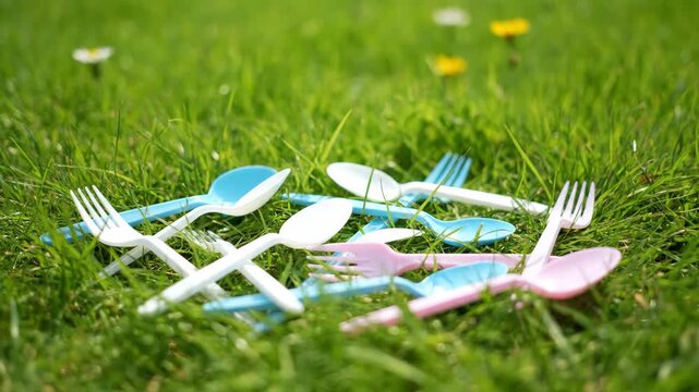 Colorful Plastic Cutlery scattered on fresh green grass
