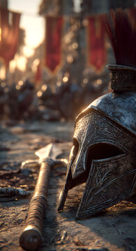 Spartan helmet and spear on a battleground at sunset, symbolizing war, ancient history, and conflict.