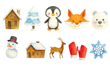 Winter Christmas Icon Collection in watercolor style