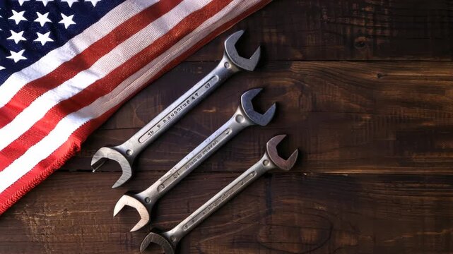 A close view of tools including wrenches arranged artistically with an American flag, symbolizing craftsmanship, labor, and patriotic spirit on a wooden surface.
