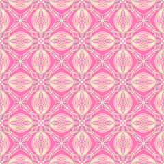 Ornate seamless pattern featuring decorative oval and starburst motifs in bright pink and cream. Has a soft, textured stipple effect, giving it a feminine and luxurious woven aesthetic.