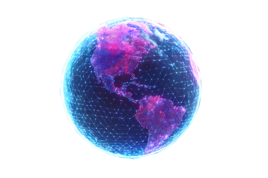 Futuristic holographic earth sphere illuminated in neon light for technology concept - Powered by Adobe