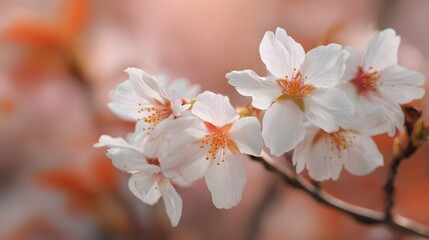 Obraz premium Delicate white blossoms bloom on a branch with a soft, blurred background.