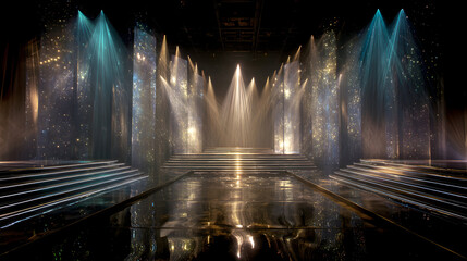 Elegant event stage design with brilliant lighting effects creating a glamorous atmosphere for presentations or performances with polished surface reflecting the light and adding