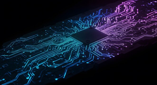 Close-up of a glowing blue and purple circuit board with a central processor, digital technology
