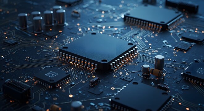 Close-up of a Microchip on a Circuit Board with Glowing Connections