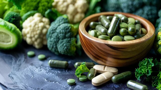 A vibrant display of fresh vegetables alongside dietary supplements in a wooden bowl, emphasizing health, nutrition, and holistic wellness.
