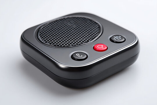 Sleek modern black device with red button and speaker grill, perfect for technology concepts and modern design.