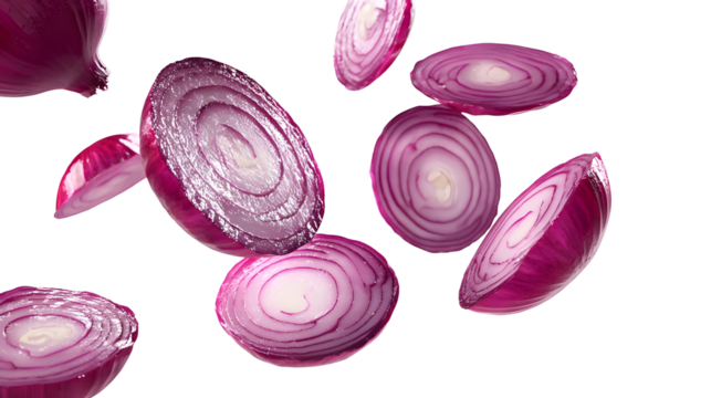 Fresh red onion slices floating in mid air - culinary concept for food design