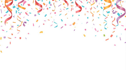 Fototapeta premium Colorful confetti and streamers falling from above on a white background, festive celebration.