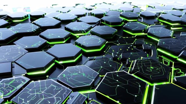 Dynamic hexagonal pattern with neon green accents against a dark backdrop, creating a modern and futuristic aesthetic ideal for technology themes. - Powered by Adobe