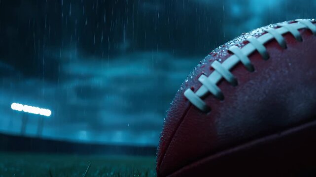 A close-up shot of a football resting on wet grass during a rainy night, with stadium lights illuminating the scene, capturing the essence of competitive sports.
