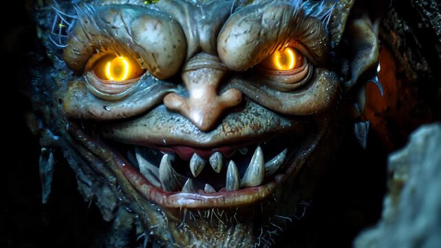 A striking goblin character with glowing eyes gazes eerily from a dark cave. This creature embodies elements of fantasy and folklore, evoking both fear and intrigue.