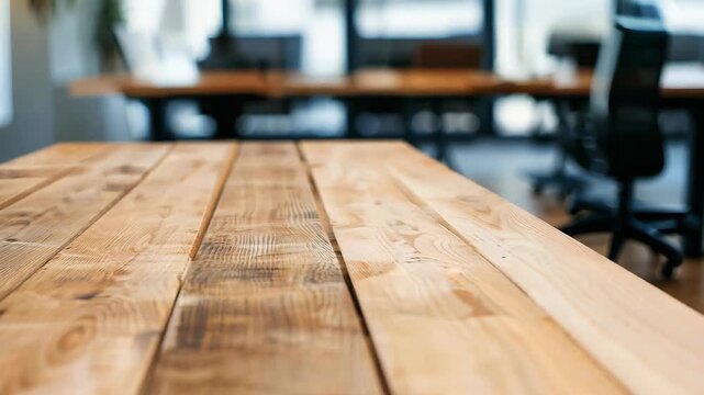 Beautiful wooden table surface captured in a modern office setting, showcasing natural textures and warm tones. Perfect for design and decor inspiration.