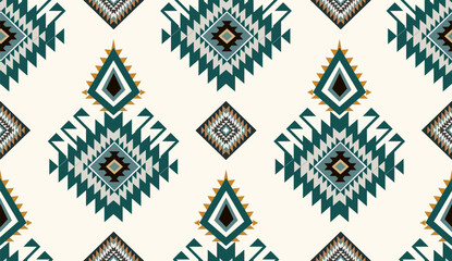 Seamless geometric ethnic pattern inspired by Native American tribal fabric. Traditional Aztec and Navajo style carpet and tile vector design on navy blue background. Perfect for textile, wrapping,