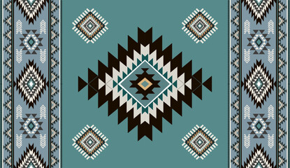 Seamless geometric ethnic pattern inspired by Native American tribal fabric. Traditional Aztec and Navajo style carpet and tile vector design on navy blue background. Perfect for textile, wrapping,