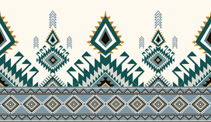 Seamless geometric ethnic pattern inspired by Native American tribal fabric. Traditional Aztec and Navajo style carpet and tile vector design on navy blue background. Perfect for textile, wrapping,