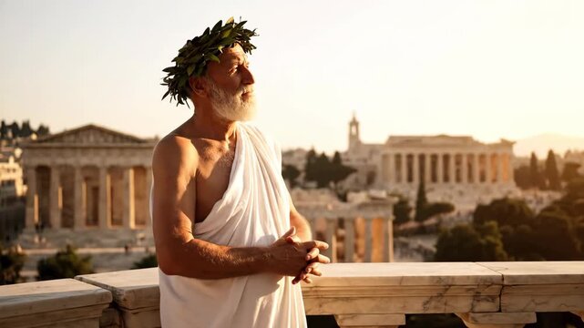 Wise Elderly Man with Laurel Wreath Pondering in Ancient Cityscape