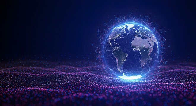 Digital Earth Globe with Neon Blue Aura and Purple Particle Wave Effect in Futuristic Technology