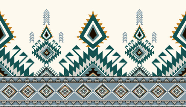 Seamless geometric ethnic pattern inspired by Native American tribal fabric. Traditional Aztec and Navajo style carpet and tile vector design on navy blue background. Perfect for textile, wrapping,