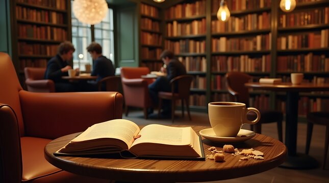 Inviting library setting with an open book and coffee, people engaged in activities