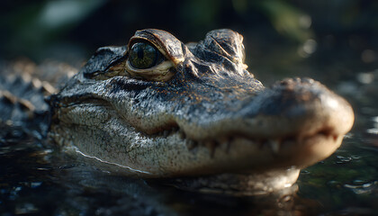 Fototapeta premium Close up of alligator head in dark murky water. Predator reptile emerges from swamp. Wild animal eyes watch intently. Danger lurks in natural eco habitat. Wild nature risk animal concept. Scary