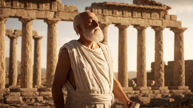 Ancient Philosopher Contemplating Life in Front of Classic Architecture