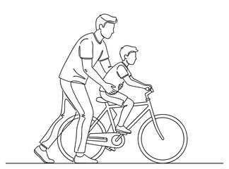 A father teaches his child to ride a bike in line art style