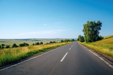 Fototapeta premium Scenic road leading through lush green fields with trees, shrubs, and a clear blue sky, offering a tranquil atmosphere and distant hills for depth and perspective