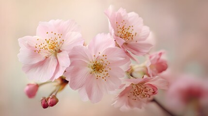 Delicate pink blossoms bloom on a soft, hazy spring branch.