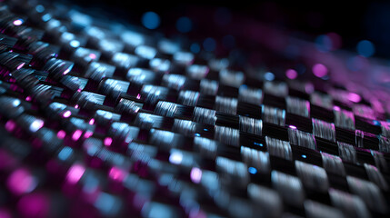 Obraz premium Detailed carbon fiber texture background with vivid blue and pink lighting for modern abstract design projects offering a sleek industrial aesthetic in close up view perfect for