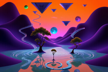 Surreal landscape with purple mountains, floating geometric shapes, and a serene water scene at sunset Generative AI