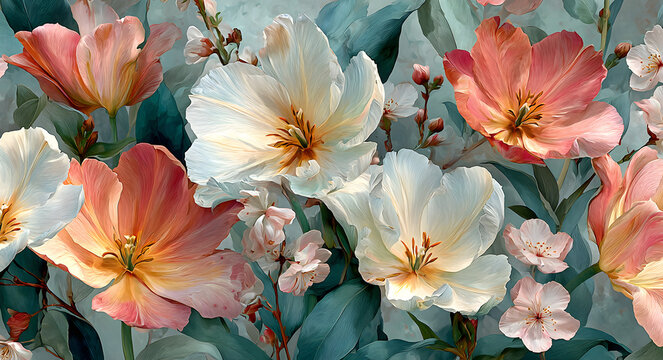 Watercolor floral pattern with delicate flowers and foliage for spring themes