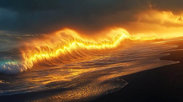 A realistic photo of yellow glowing rough waves hitting a black sand beach,Rainbows in the ocean waves, black background,