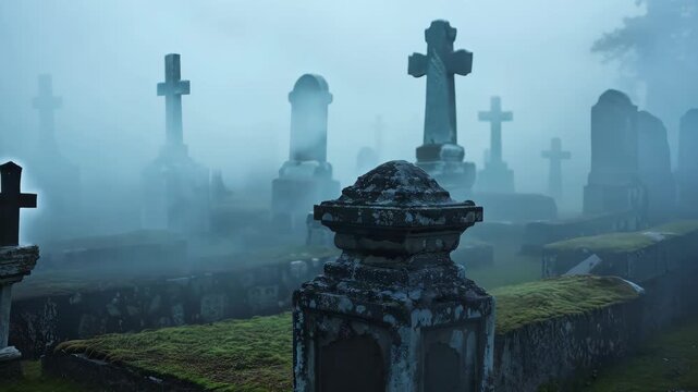 An eerie fog envelops an ancient cemetery, revealing stone tombstones and crosses at dusk. The haunting atmosphere captures the essence of solitude and remembrance.