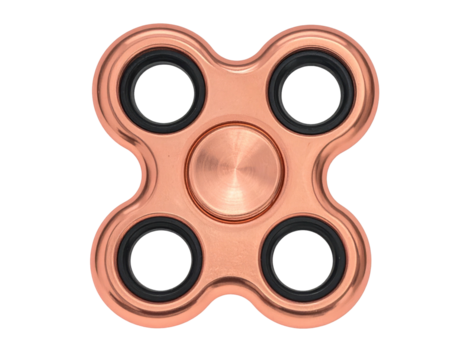 Copper-colored hand spinner with four circular weights and a central bearing, isolated