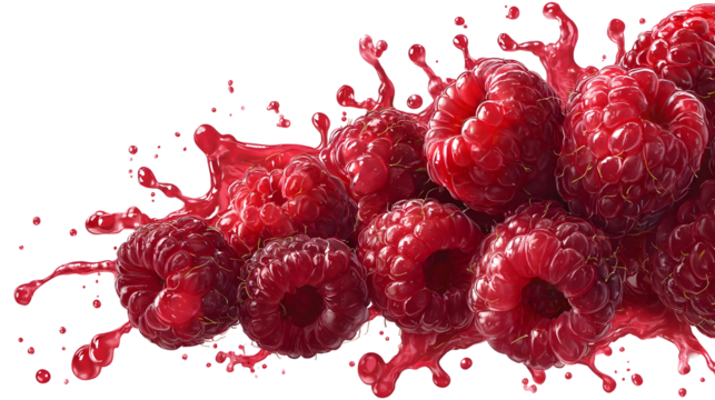 Juicy raspberries with liquid splash effect for creative design and advertising