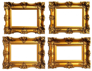 Four ornate gold picture frames, empty, arranged as a grid on a black background